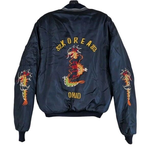 Vtg 80s Sukajan Korea Satin Bomber Jacket Embroidered Dragon Men L USAF Military - Picture 1 of 16